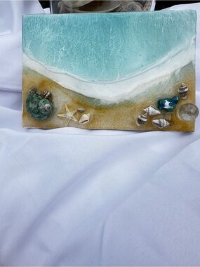 Ocean Shore Resin Wall Art with Shell Accents - Turquoise & Sand